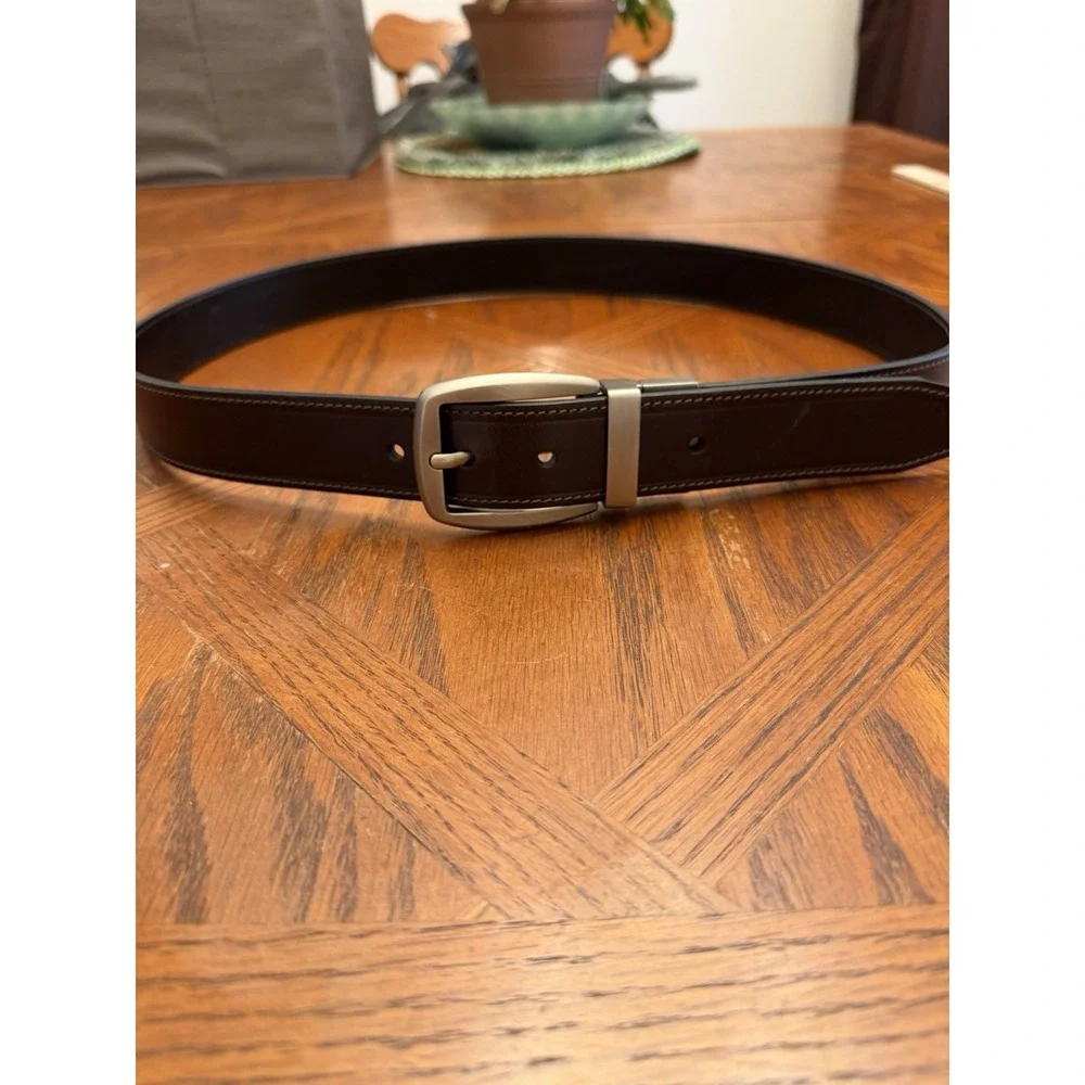 Mens Brown Leather Belt Sz 38 Stitched GoldTone H'ware New‎ With Tag